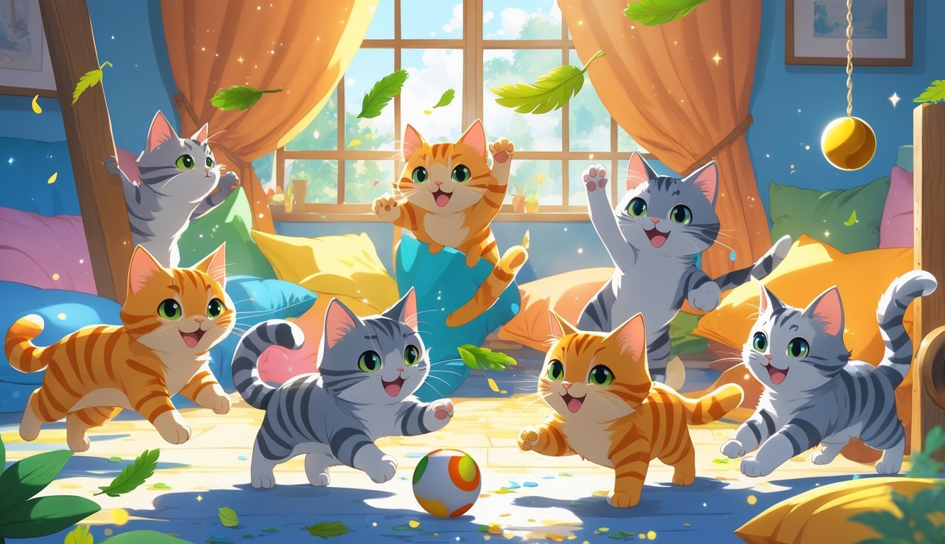 Seven cats playing various games in a cozy living room, hiding, chasing toys, and rolling on the floor.