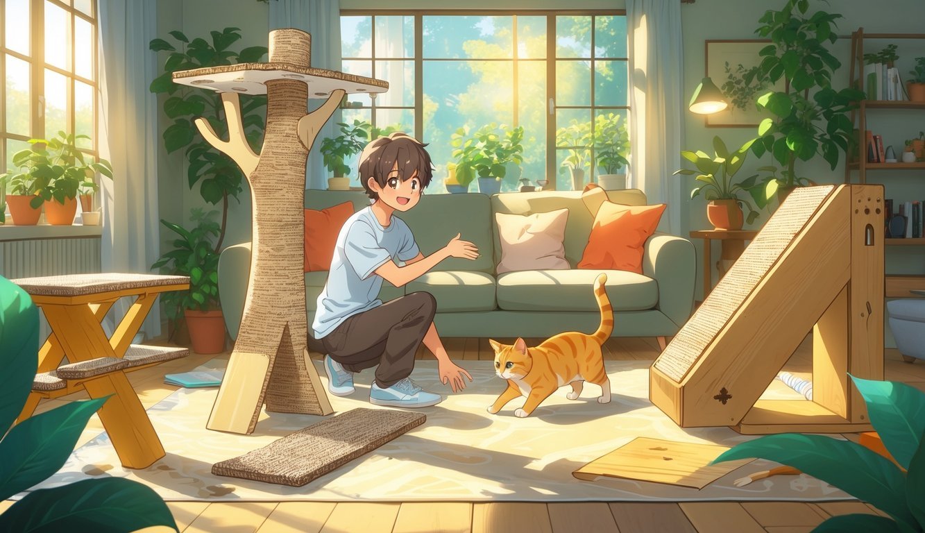 A person happily interacting with a cat in a sunny living room filled with various cat scratching alternatives like posts, mats, and ramps.