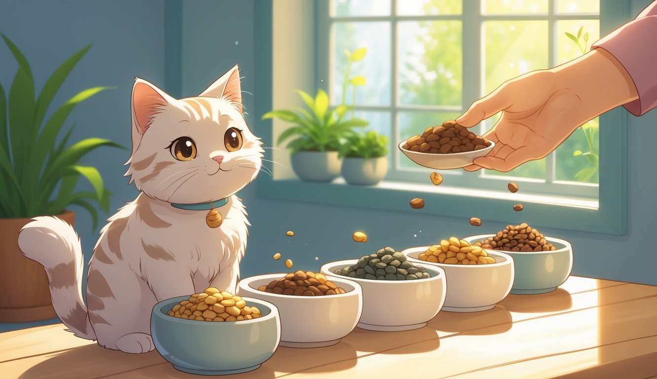 A cat sitting beside a row of small bowls with different cat foods, as a person gently offers food, in a cozy room with sunlight and plants.