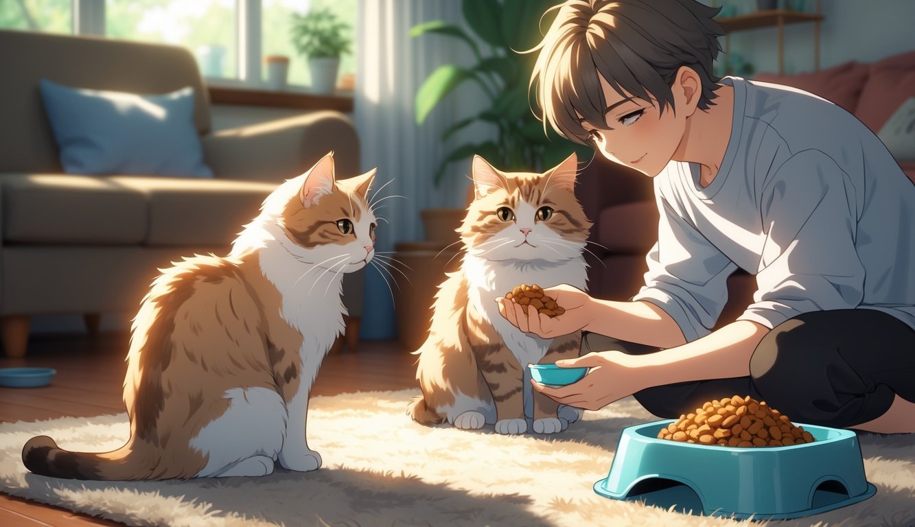 A person gently watching their cat sitting calmly near a litter box and food dishes in a cozy living room.