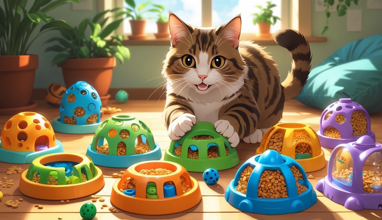 A cat playing with seven different colorful puzzle feeders and toys in a cozy sunlit room.