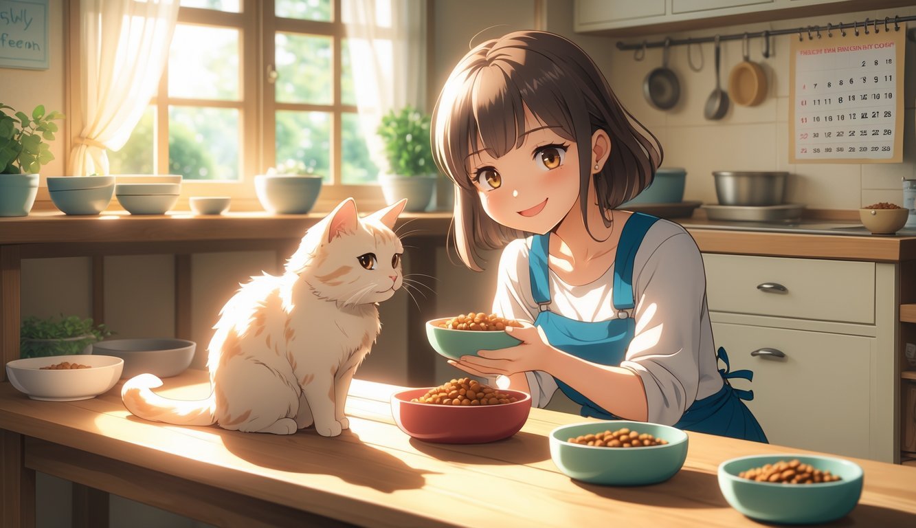 A young woman gently offering food to a calm cat in a cozy kitchen setting.