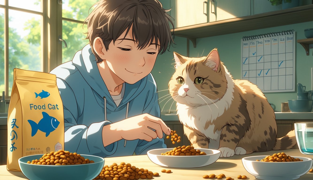 A person gently feeding their relaxed cat small portions of new food in a cozy kitchen with sunlight coming through the window.