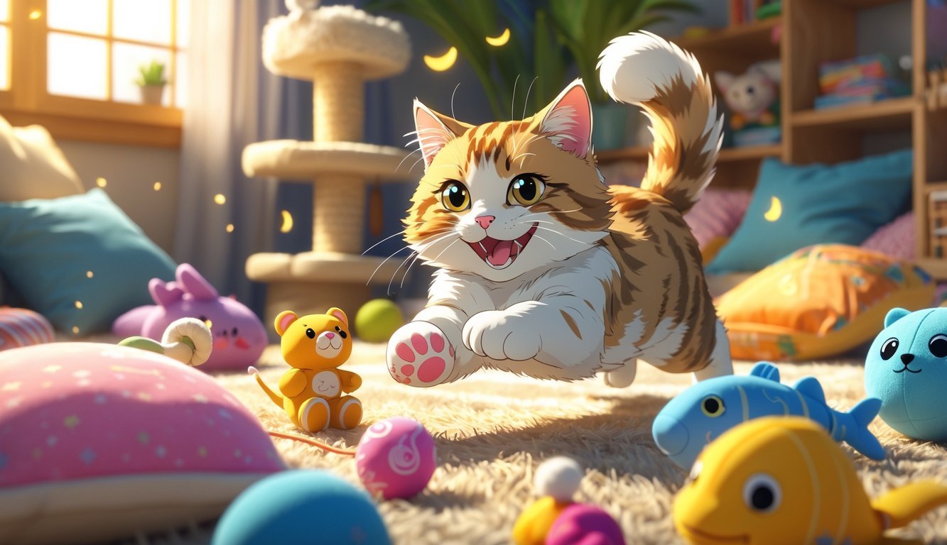 A cat playing energetically with various soft toys scattered on a cozy living room floor.
