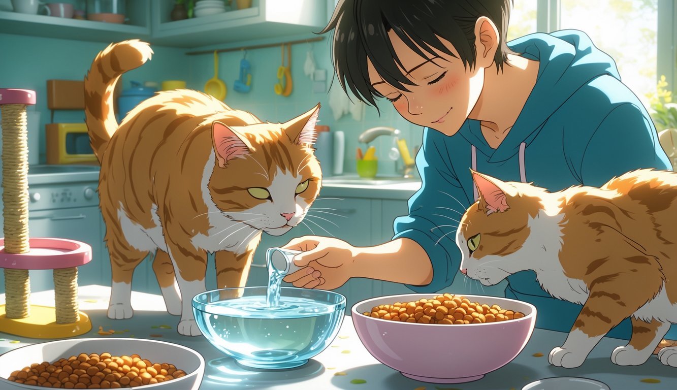 A person feeding a cat in a bright kitchen, pouring fresh water into a bowl while the cat sniffs its food.