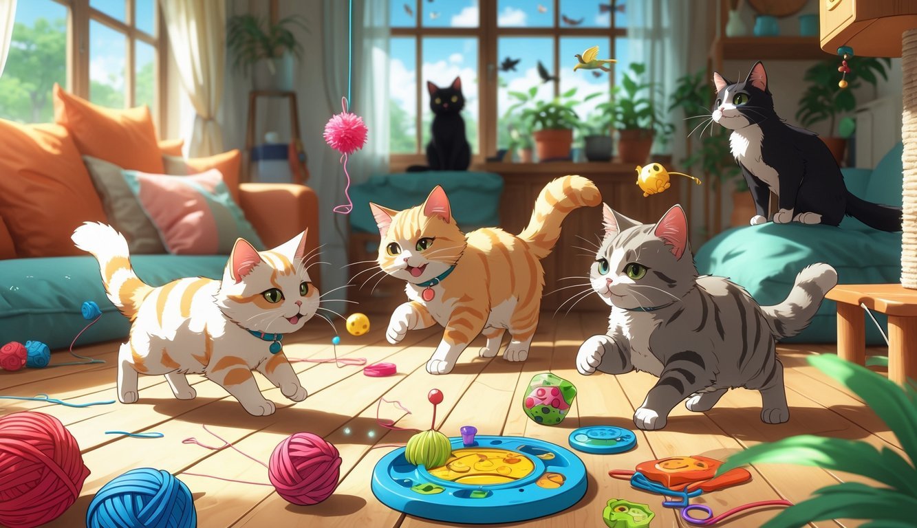 Several cats playing with toys and puzzles in a cozy living room filled with sunlight and colorful decorations.