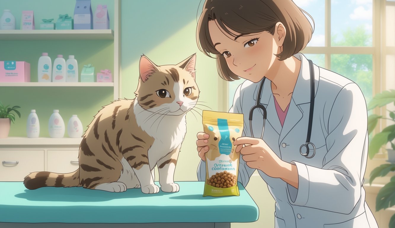 A veterinarian gently examining a calm cat on a table while the cat's owner watches nearby in a bright clinic.
