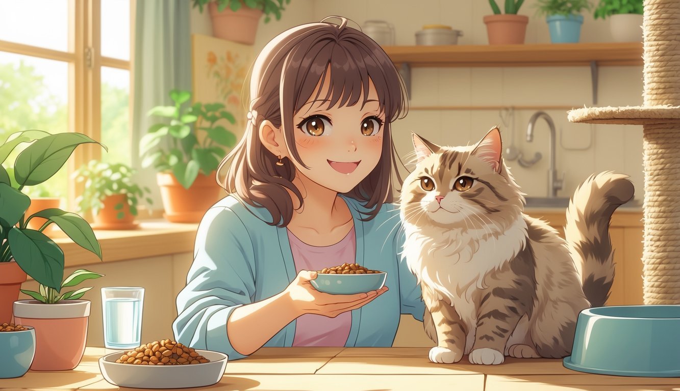 A young woman gently feeding a happy cat in a cozy indoor setting.