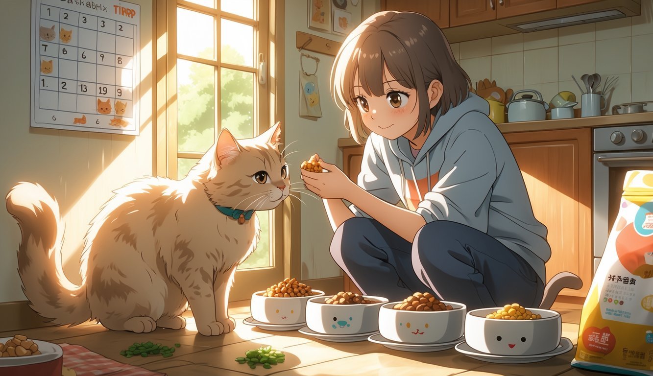 A person gently feeding their cat in a cozy kitchen, with several bowls of cat food arranged to show a gradual feeding process.