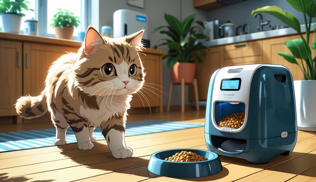 A cat approaches an automatic pet feeder in a cozy kitchen surrounded by various cat gadgets.
