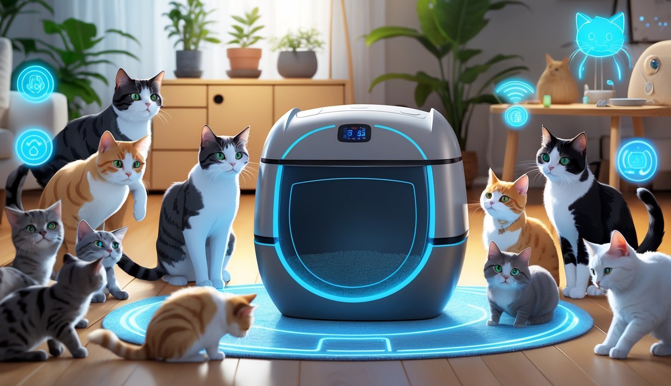 A group of cats playing around a modern self-cleaning litter box and various cat gadgets in a cozy living room.