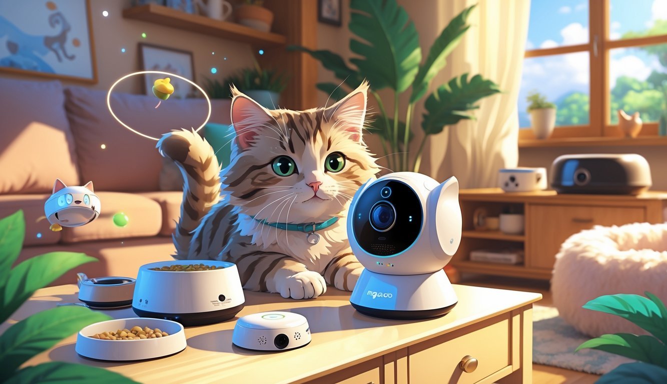 A playful cat in a cozy living room interacting with a Wi-Fi pet camera surrounded by various cat gadgets and pet accessories.