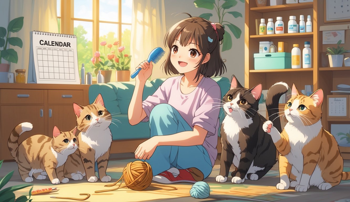 A young woman caring for several cats in a cozy living room with pet care items on a shelf in the background.