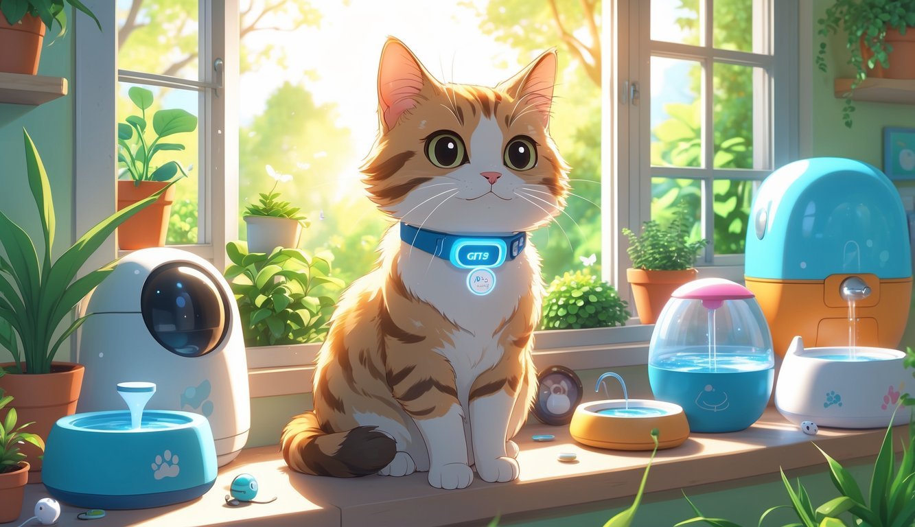 A cat wearing a GPS tracker collar sits on a windowsill surrounded by various cat gadgets in a bright, cozy room.