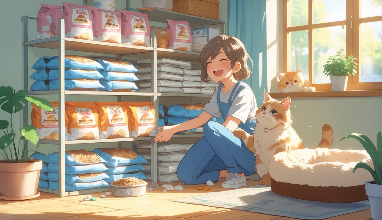 A person organizing bulk cat food and litter in a bright room while a cat plays nearby.