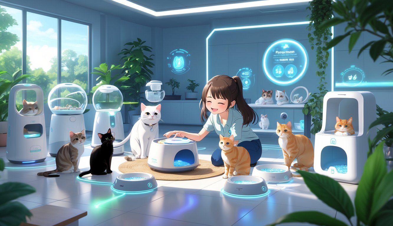 A pet parent interacts with several happy cats using modern cat gadgets inside a bright and cozy wellness center.