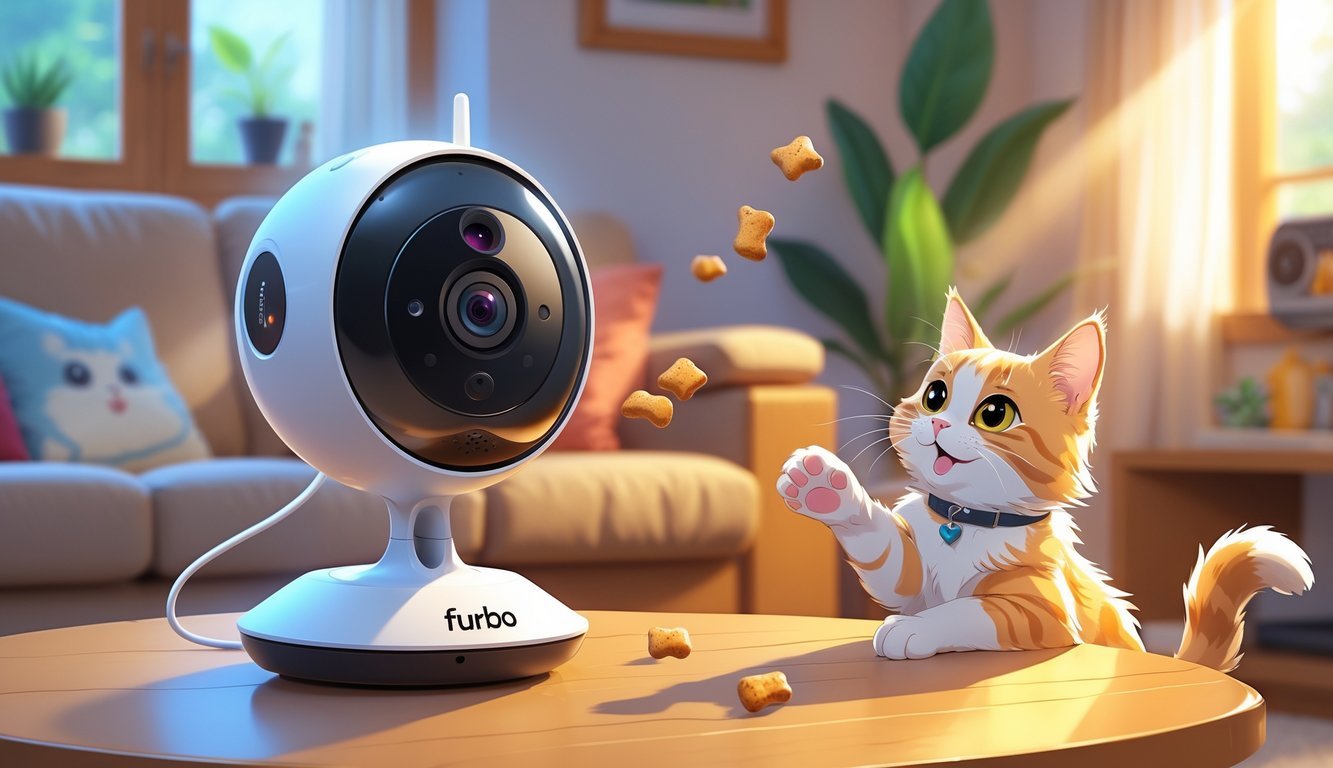 A cat eagerly reaching for a treat being tossed from a Furbo Dog Camera placed on a table in a cozy living room.