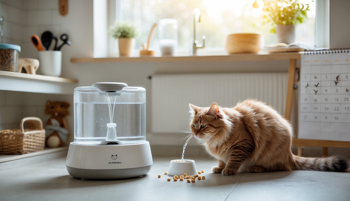 A cat eating from an automatic feeder in a bright kitchen with cat care items and a water fountain nearby.