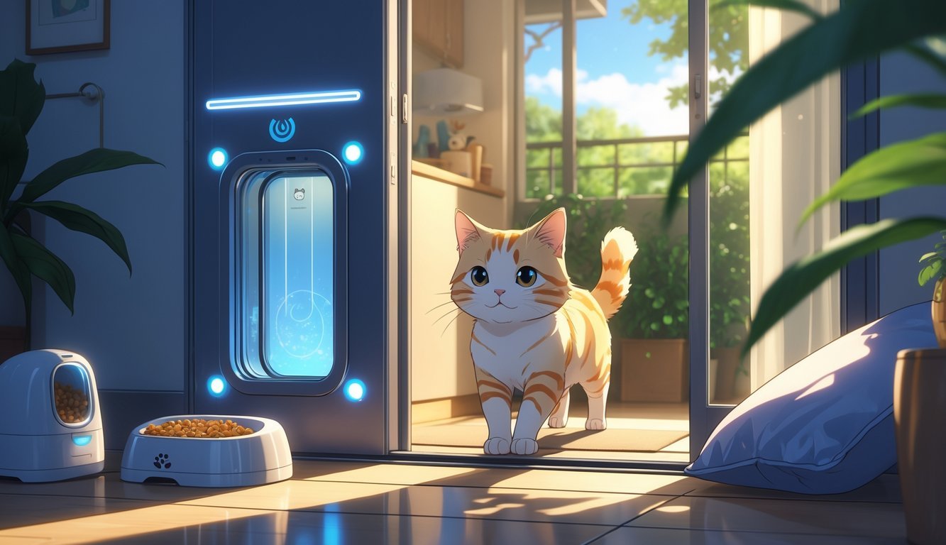 A cat approaches a high-tech pet door inside a cozy home, surrounded by various cat gadgets.