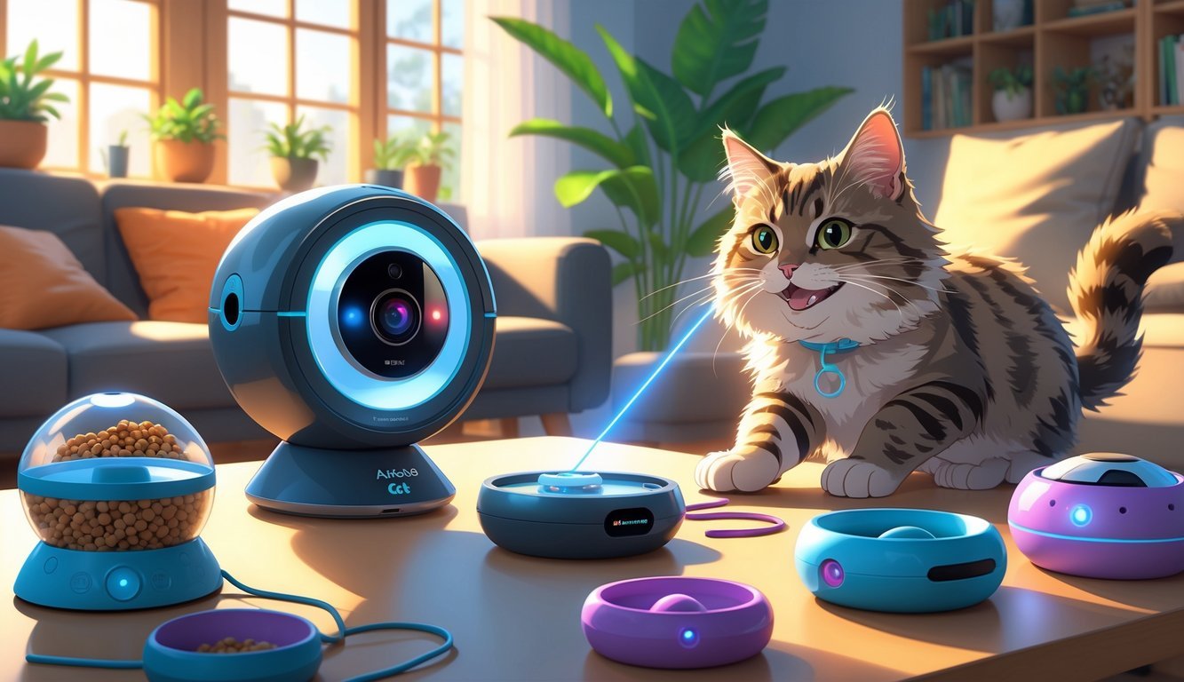 A cat playing near a modern pet camera and various high-tech cat gadgets in a cozy living room.