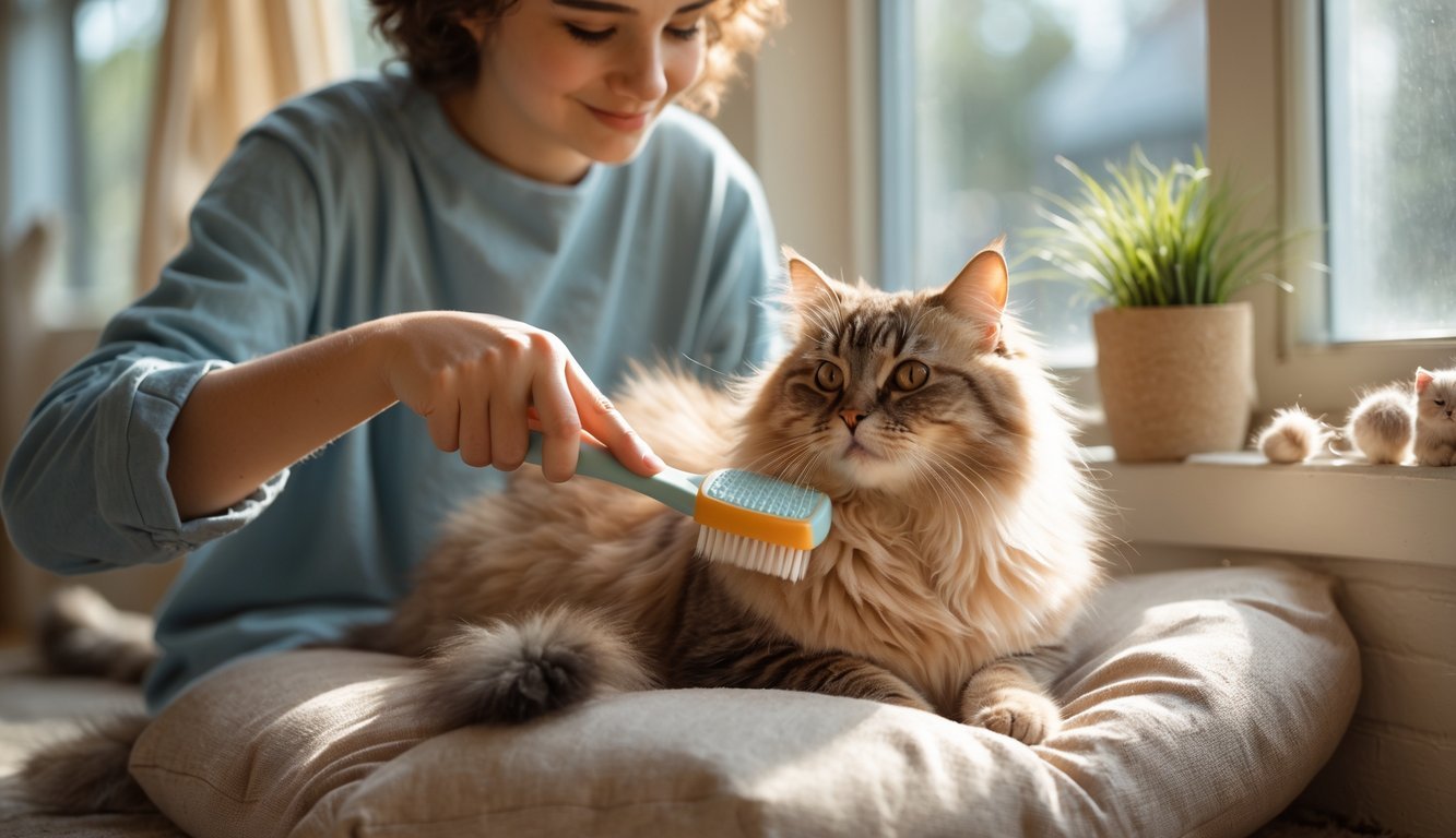 A person brushing a relaxed cat indoors near a sunny window with a cushion and cat toys around.