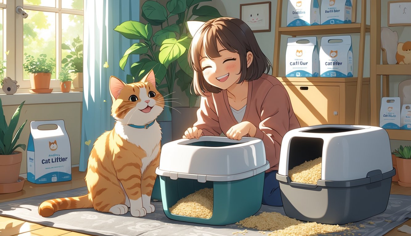 A cat owner happily interacting with their cat near a clean cat litter box in a cozy, sunlit room.