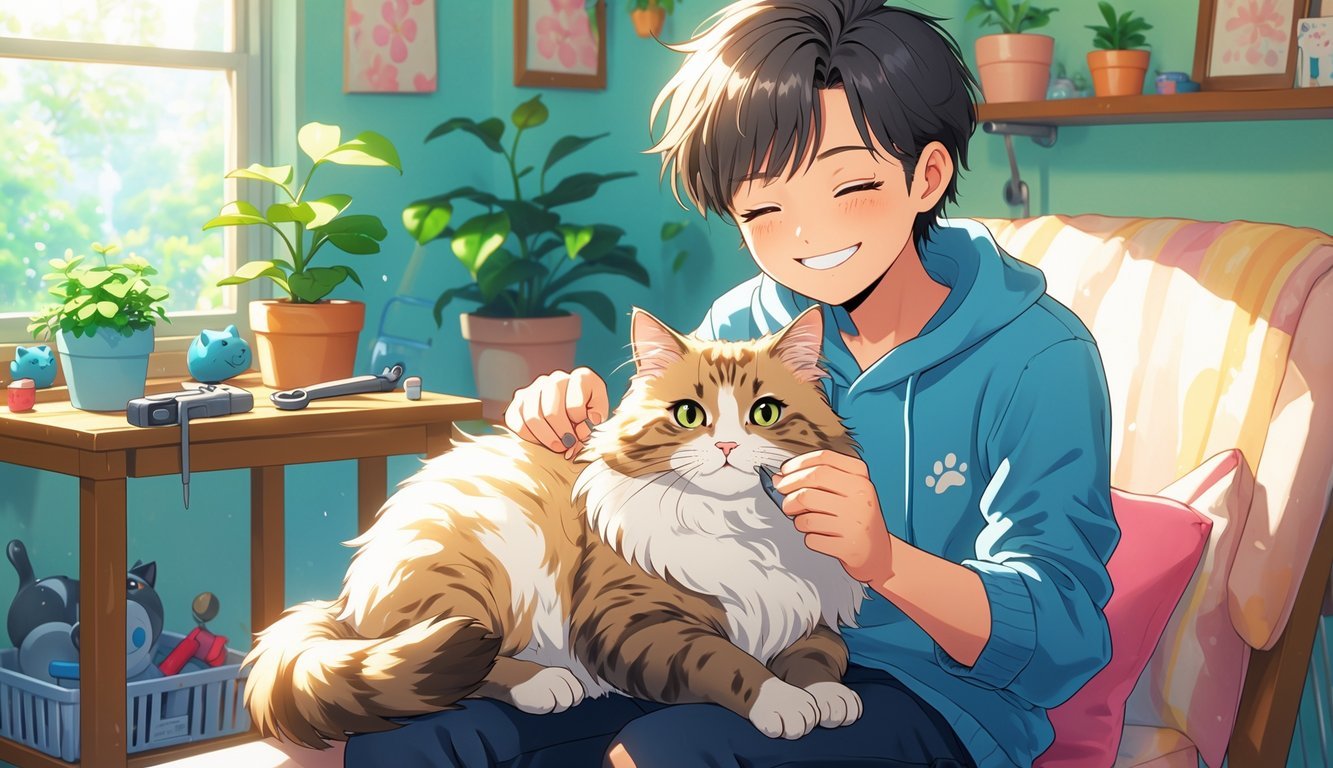 A person clipping a cat's nails while the cat sits calmly on their lap in a cozy room.
