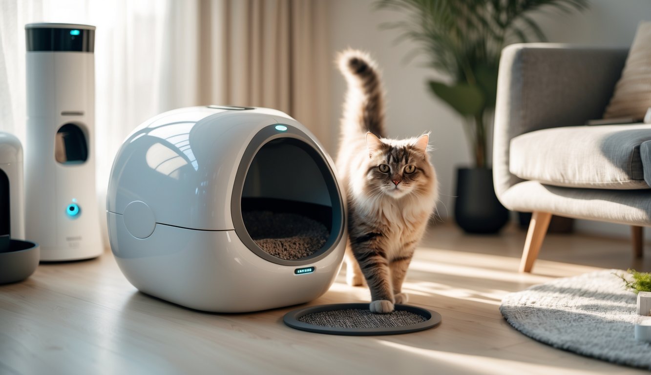A clean, modern litter box with a happy cat stepping out in a cozy living room surrounded by various cat gadgets.