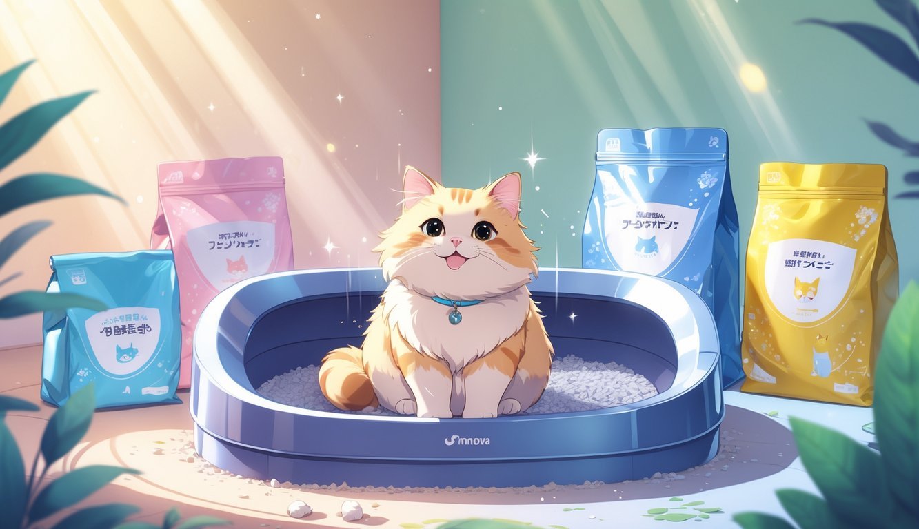 A happy cat sitting in a clean litter box area surrounded by various cat litter containers, in a warm and cozy setting.