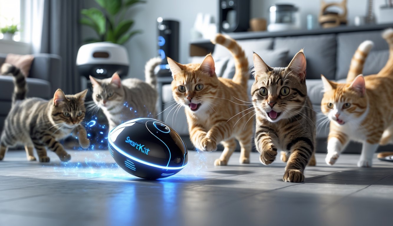 Several cats playfully chasing a glowing electronic cat toy in a bright living room filled with pet gadgets.