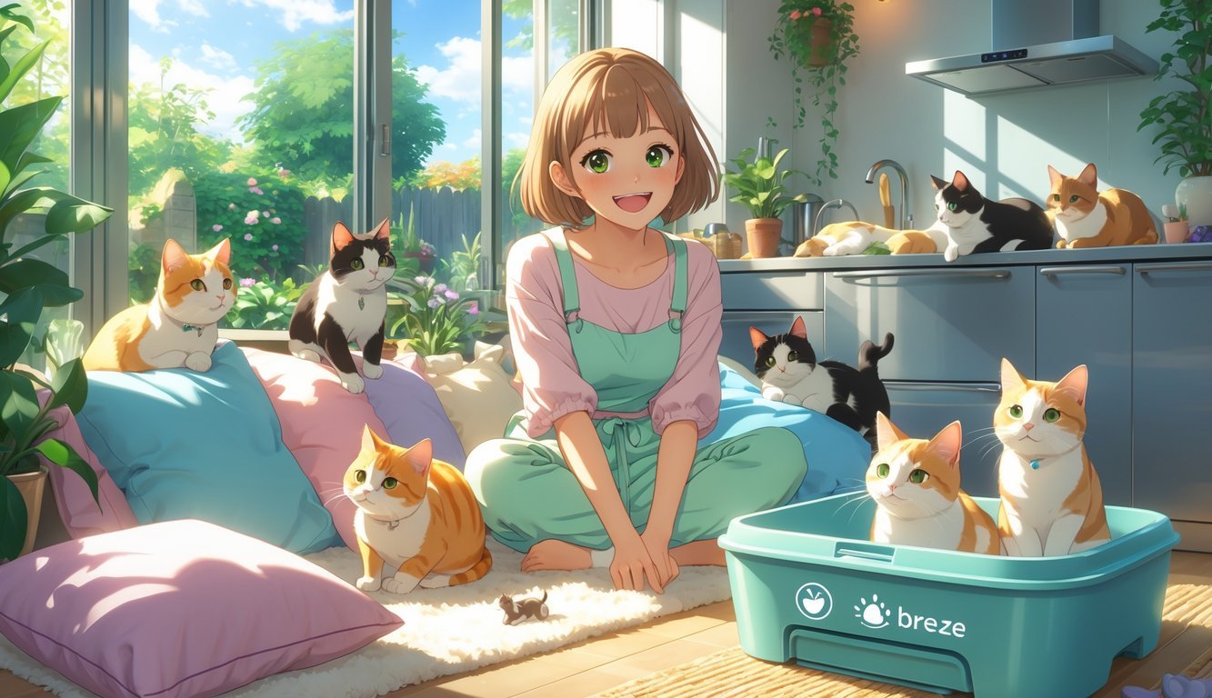 A young woman in a bright kitchen surrounded by happy cats playing near a clean cat litter box system.