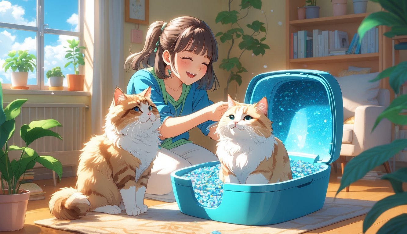 A young woman happily interacts with a fluffy cat sitting next to a clean litter box in a cozy, sunlit room.