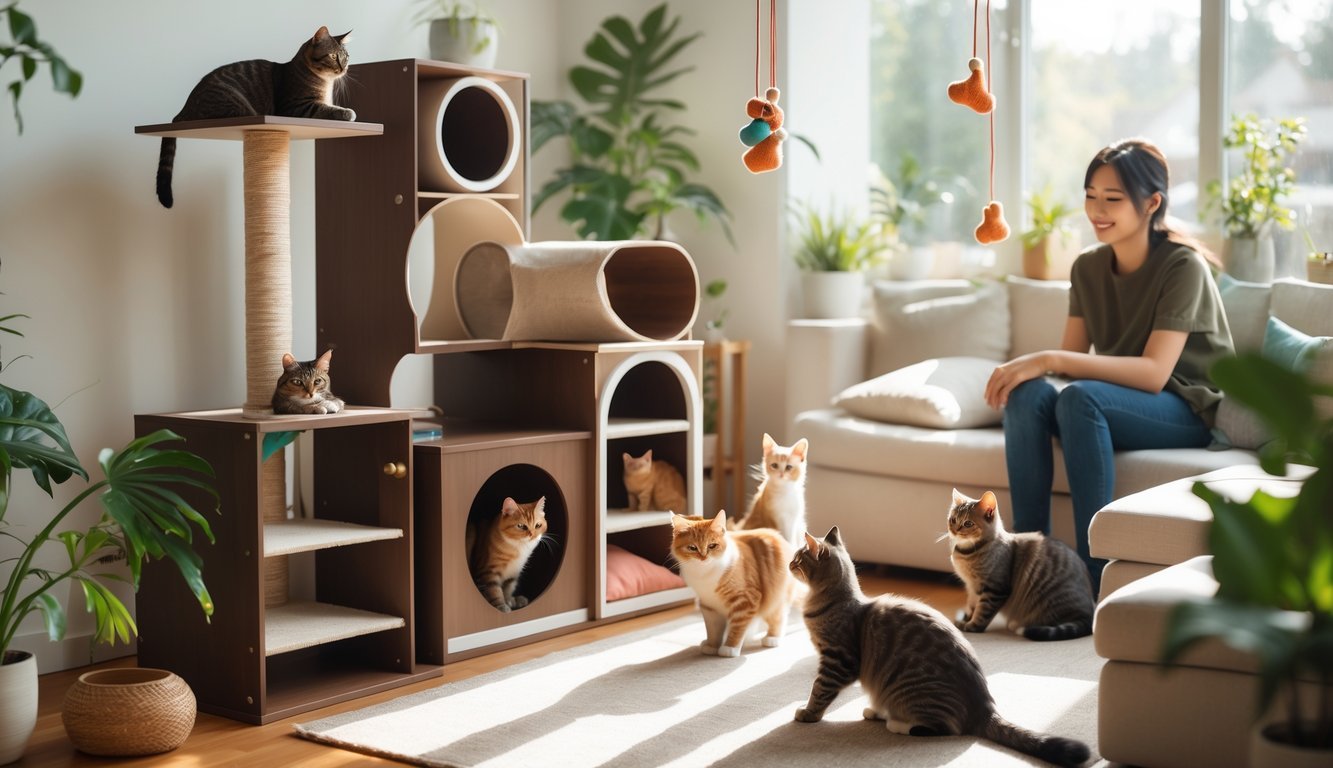 A living room with multi-purpose cat furniture where several cats are playing and resting, and a person is watching them.