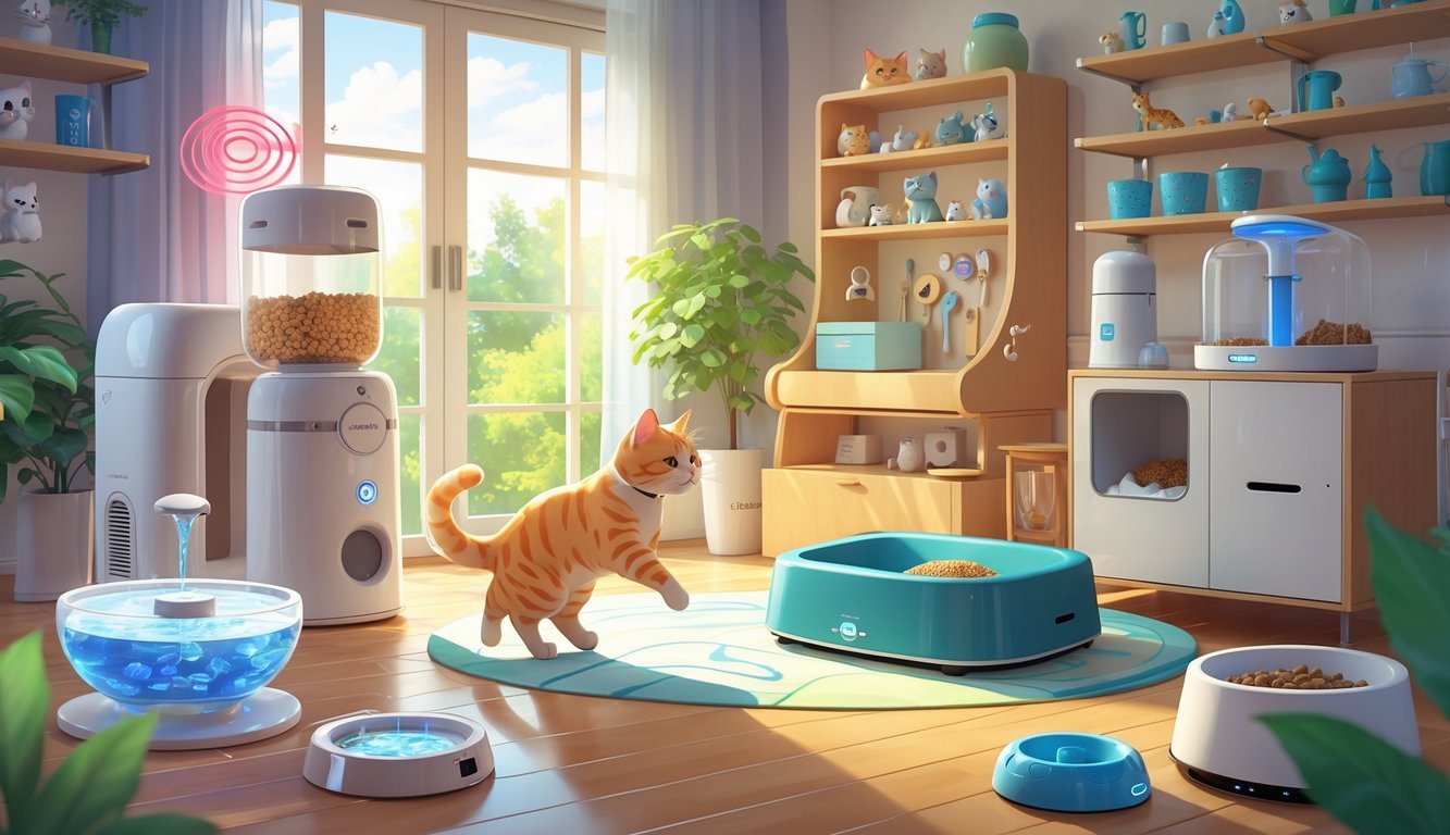 A cat playing with a laser toy in a living room filled with various cat gadgets like an automatic feeder, cat tree, water fountain, and self-cleaning litter box.