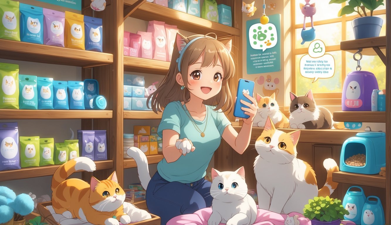 A young woman happily using her phone inside a pet store surrounded by playful cats and shelves filled with cat care products.