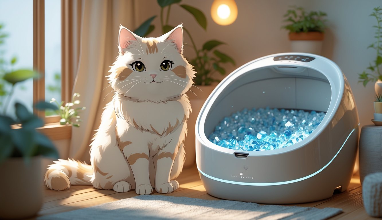 A happy cat sitting beside a modern automatic litter box in a clean, cozy room with plants and soft natural light.