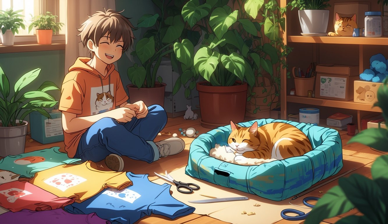 A person making a cat bed from old t-shirts while a cat rests inside the finished bed in a cozy room.
