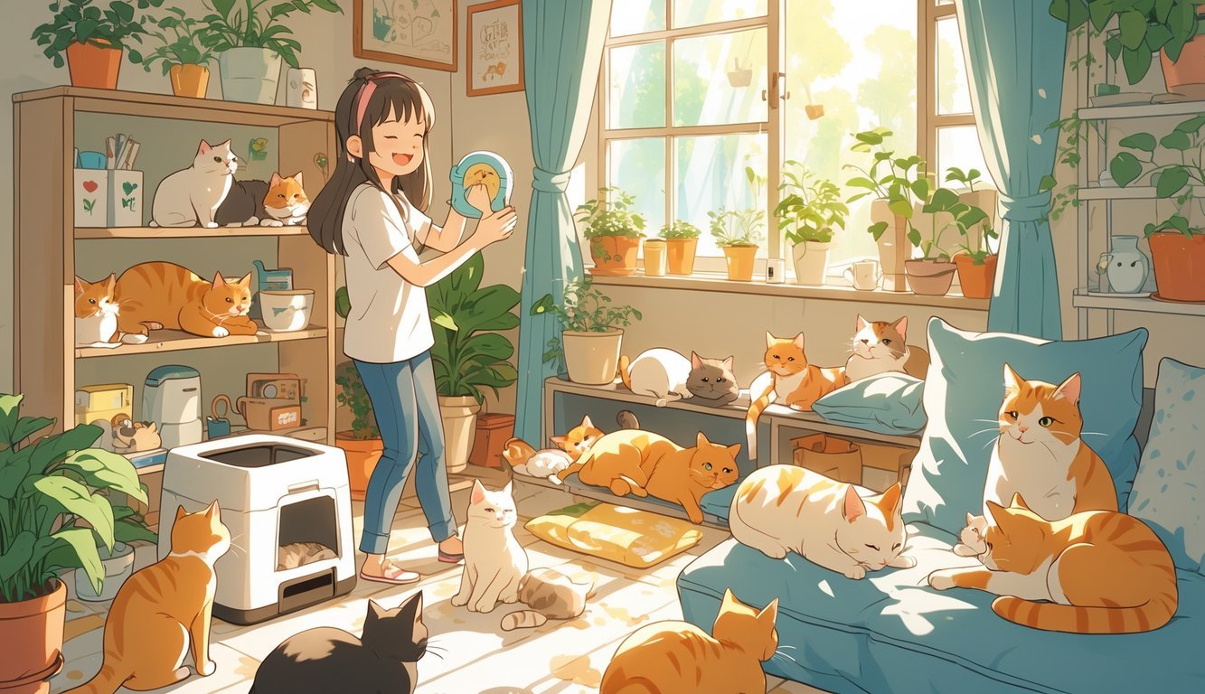 A person happily caring for several cats in a cozy room with cat toys, plants, and organized supplies.