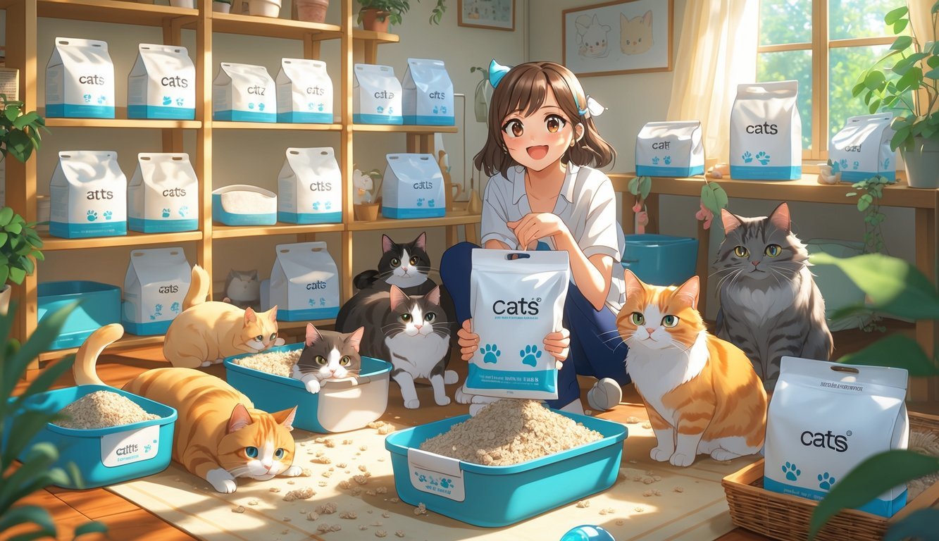 A smiling woman surrounded by several cats in a clean, cozy room with cat litter boxes and cat care items.
