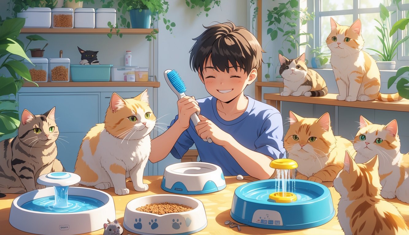 A person grooming a happy cat in a bright room with cats playing around various cat care items like a litter box, feeder, water fountain, and toys.