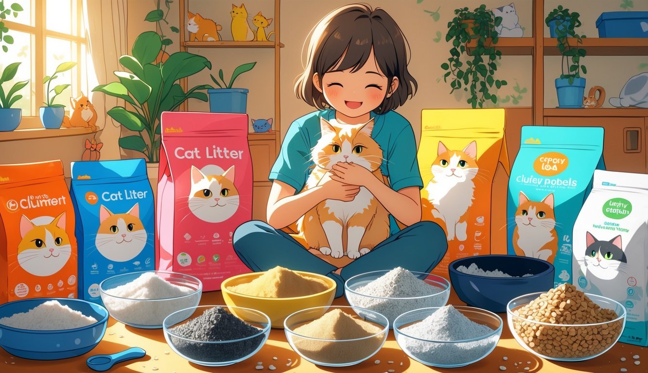 A person holding a happy cat in a bright room surrounded by different cat litter types and containers.