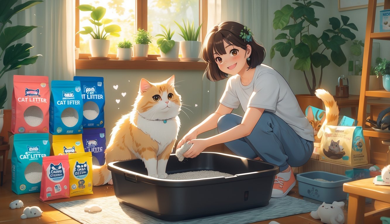A person caring for a cat's litter box while a cat sits nearby in a cozy room.