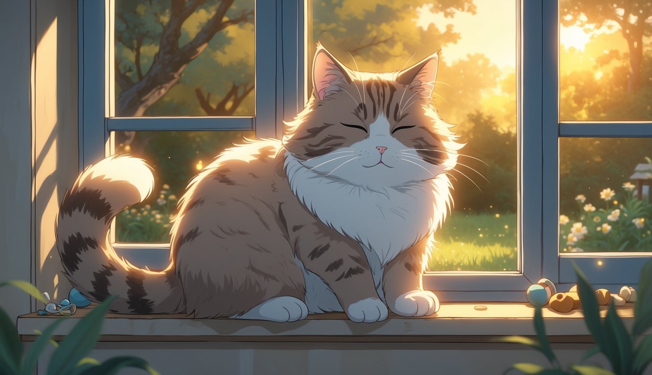 A cat sitting on a windowsill at sunset, looking calm but with subtle signs of discomfort.