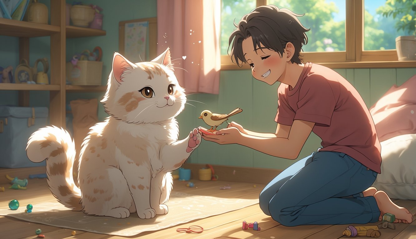A cat gently offers a small bird as a gift to a smiling person in a cozy, sunlit room.