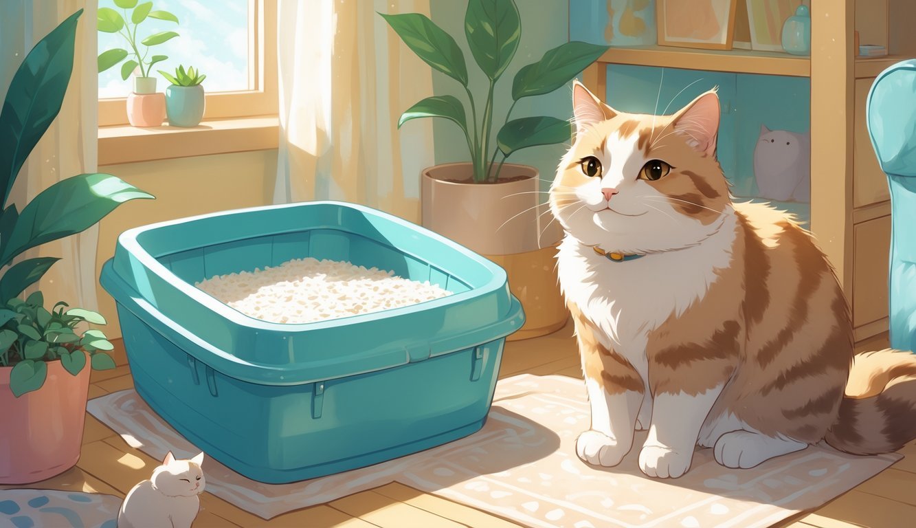 A content cat sitting near a clean litter box in a bright, cozy room with soft lighting.