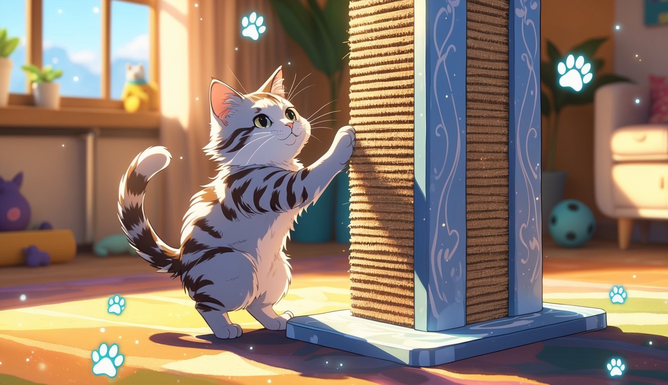A cat stretching and scratching a large post inside a cozy room with sunlight coming through a window.