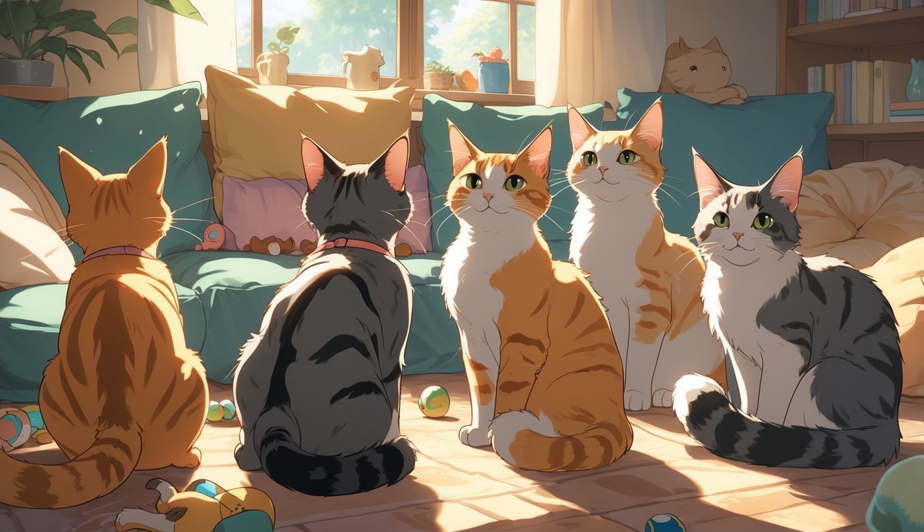 Several cats in a cozy room showing different tail and ear positions that express various emotions.