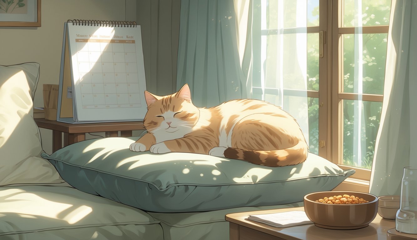 A peaceful cat resting on a cushion by a sunlit window in a tidy, cozy room with a calendar and food bowl nearby.
