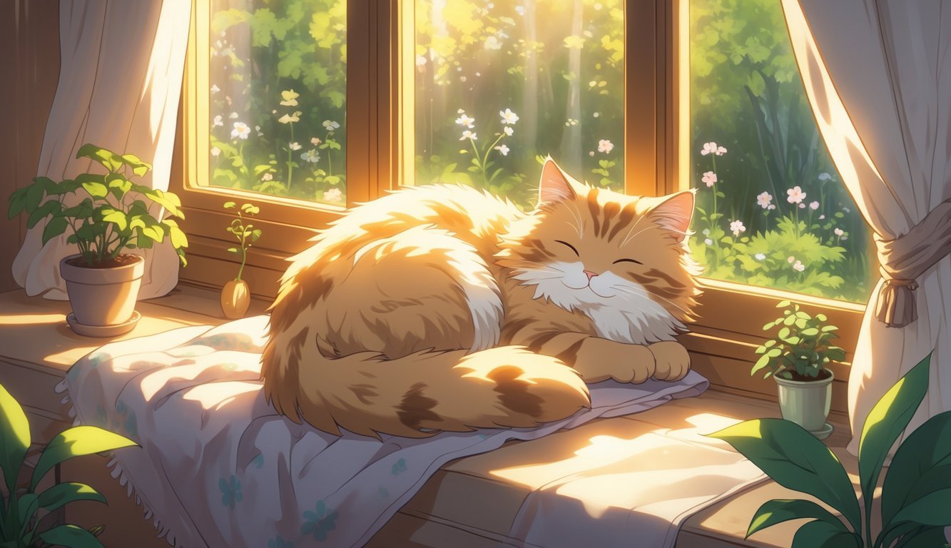 A cat curled up and sleeping peacefully on a sunny windowsill surrounded by cozy blankets and plants.