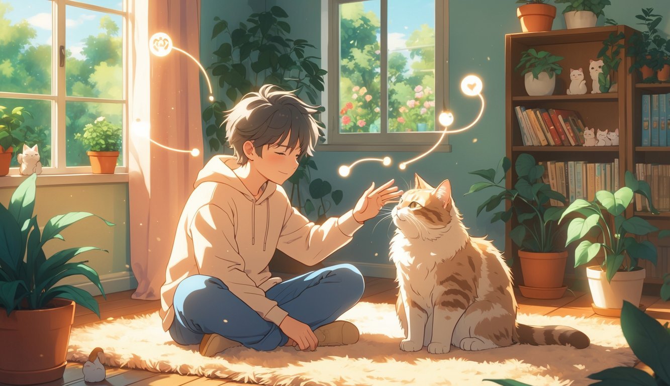 A person sitting on a rug gently reaching out to a cat nuzzling their hand in a cozy, sunlit room filled with plants and cat toys.